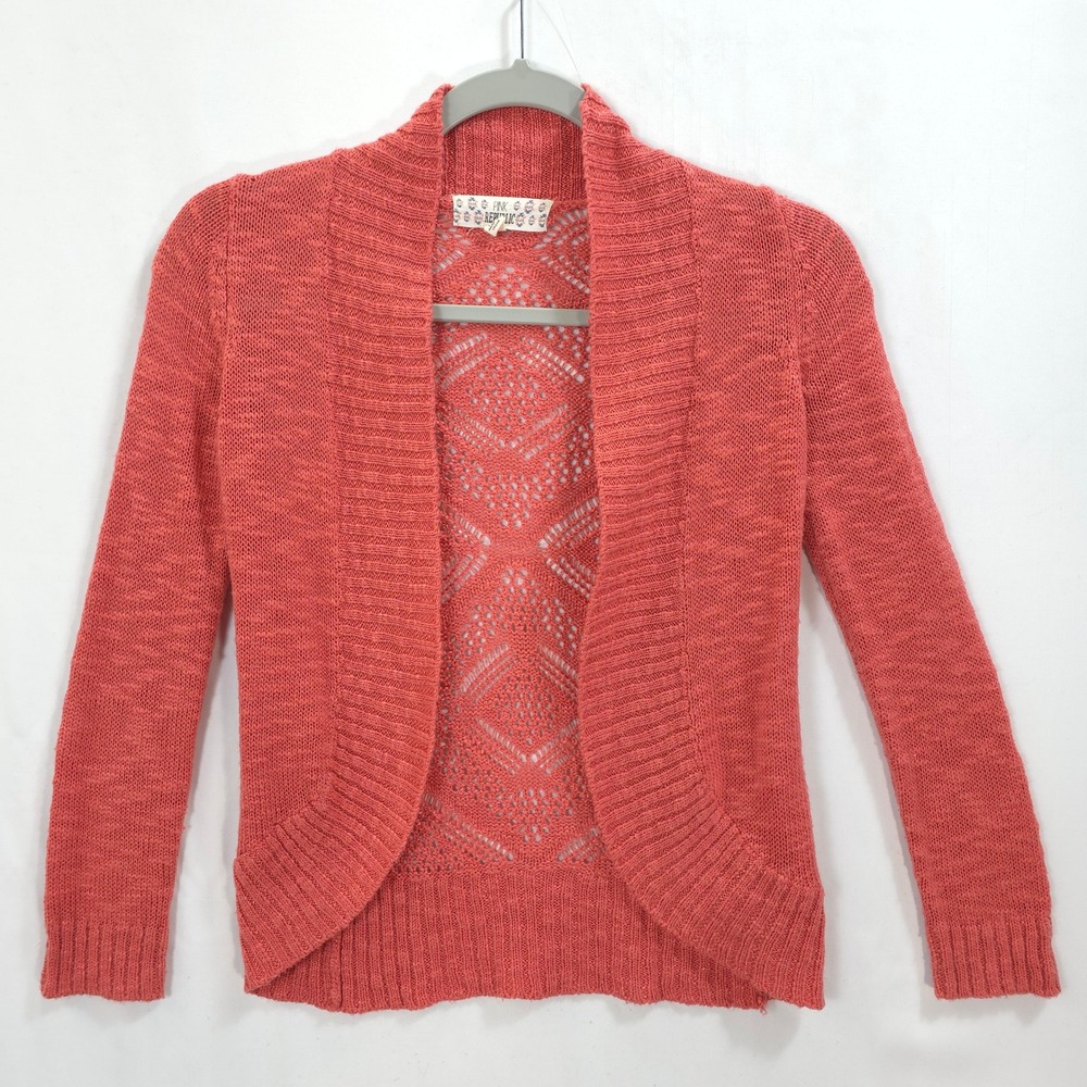 Coral Crochet Open Knit Cardigan Girls 7/8 Cotton Blend Sweater Layering Boho